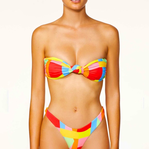New It's Now Cool x Free People 90s Eco Knot Bandeau Hi-Cut M Red Splice Bikini - Picture 6 of 14